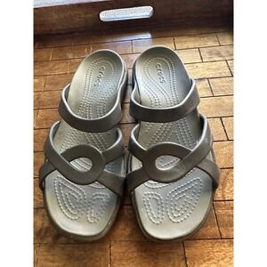 Crocs Adrina III Strappy Slide Sandals Pewter Grey Metallic Womens Size  8 EUC
